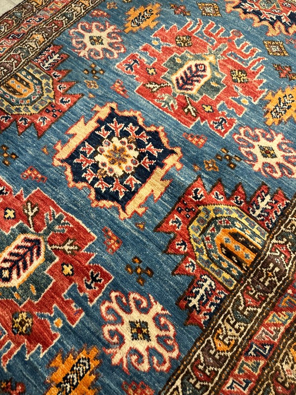 Bright Blue Fine Quality New Handmade Afghan Kazakh Accent Rug, 3'x5' gallery
