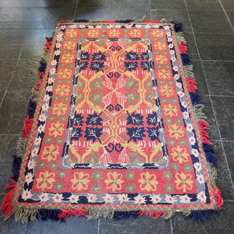 Hand Hooked Rug Antique Shabby Americana Wool Looped Cottage Farmhouse Made 1910 gallery