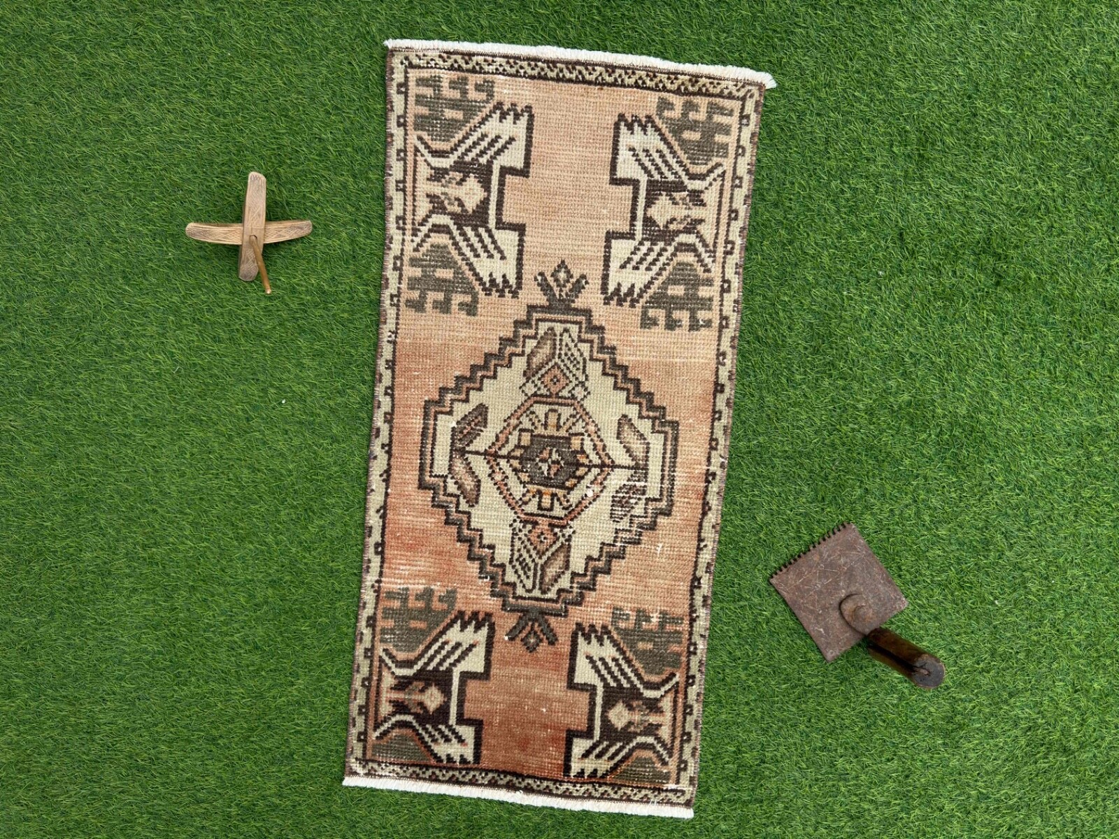 Hand-Woven Small Turkish Carpet 1x3 Pale Orange Wool Geometric Tiny Rug Muted gallery
