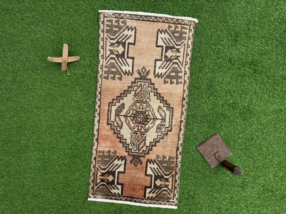 Hand-Woven Small Turkish Carpet 1x3 Pale Orange Wool Geometric Tiny Rug Muted