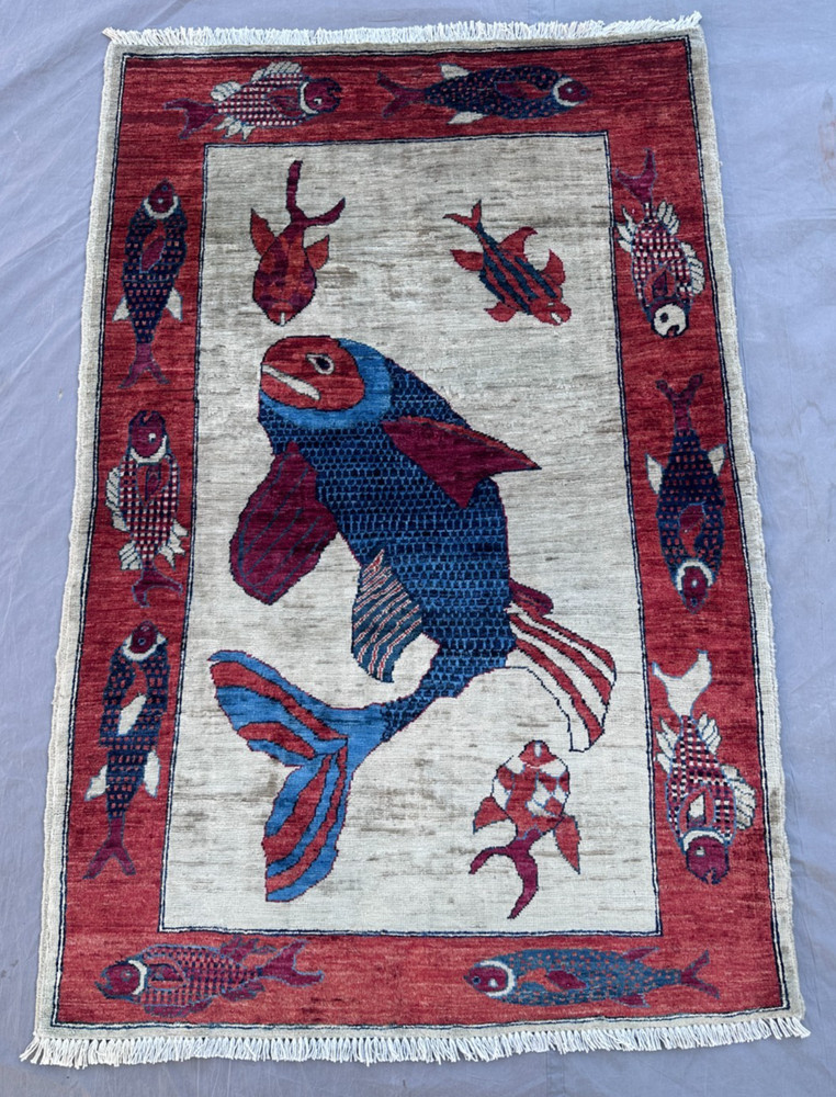 Hand Knotted Afghan Wool Rug 3x5 Pictorial Fish Red Border Area Carpet