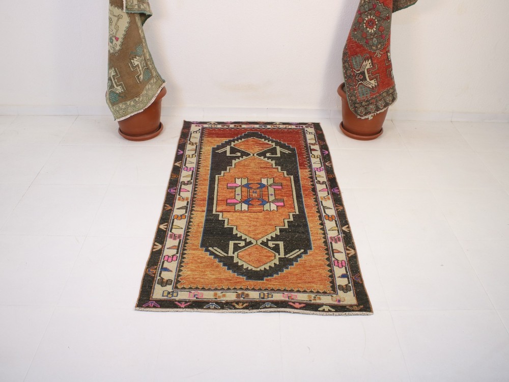 3x6 Turkish Handmade Accent Rug Beige Black Floral 3.1x5.5 ft