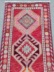 Red Antique rug 3×13, Turkish runner 3×14 vintage, Heriz rug, Herki rug