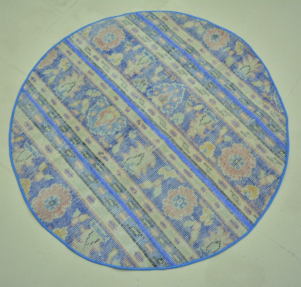 Blue Faded Turkish Vintage Round Rug, 3.2ft, Handmade Antique Floral Round Rug