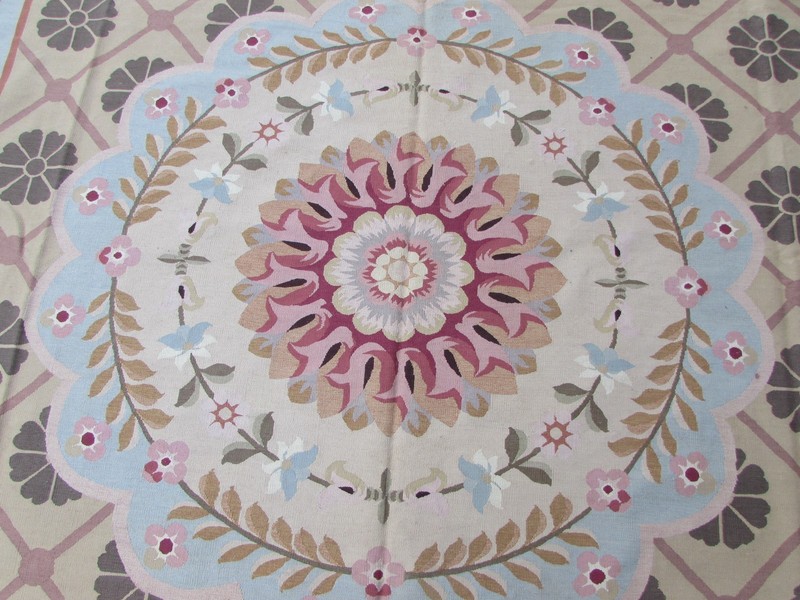 Vintage Hand Made French Design Wool Beige Green Original Aubusson 363X277cm gallery
