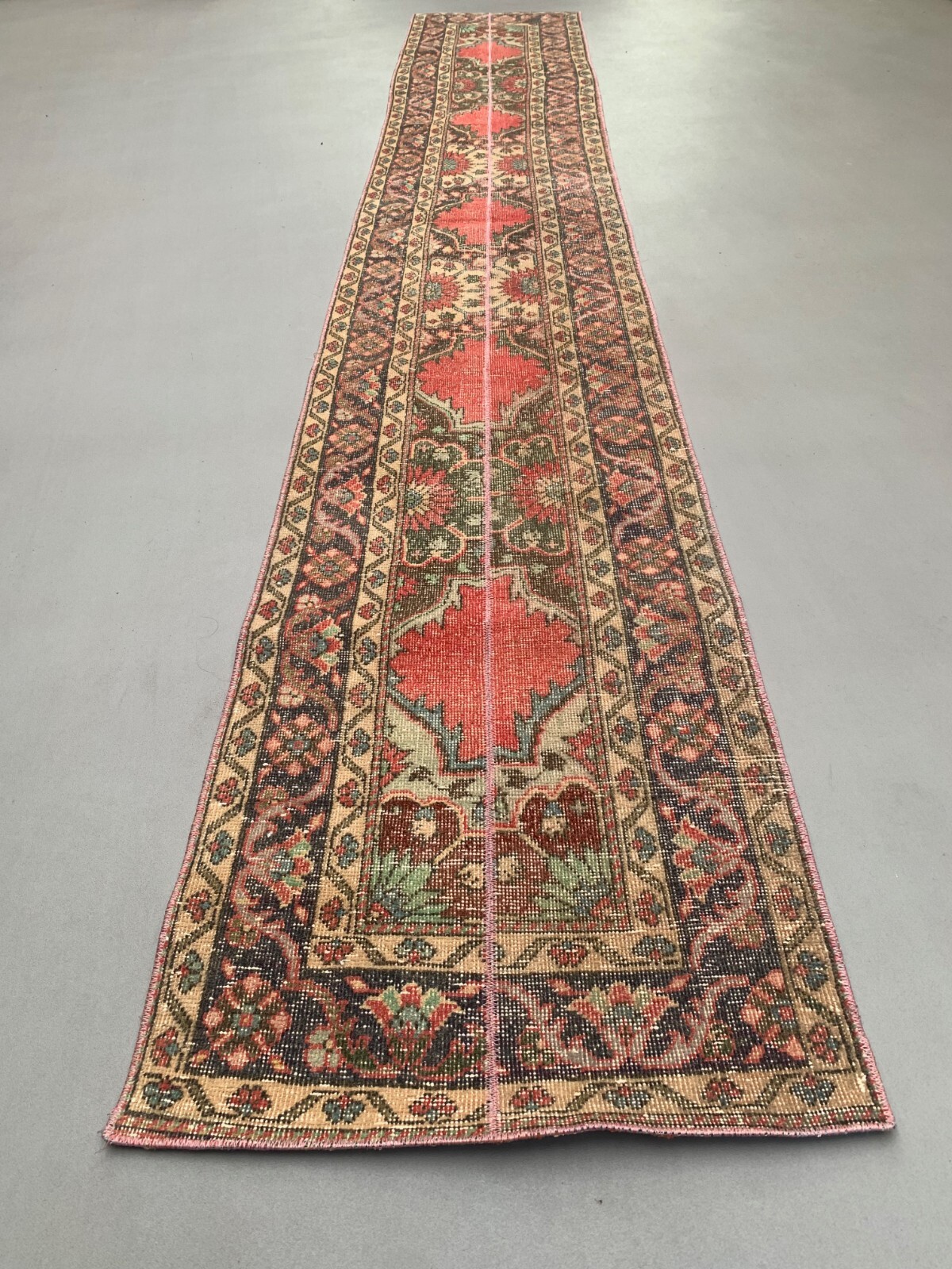 Distressed Turkish Narrow Runner 397x63 cm wool Vintage Tribal Rug gallery