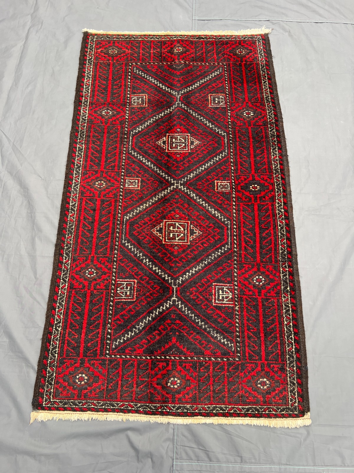 2'9x5'1 ft Vintage Afghan Baluchi Hand-Knotted Red & Black Geometric Design Rug gallery