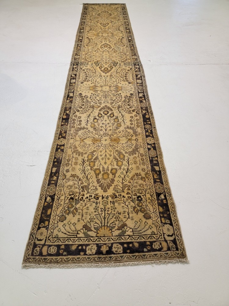 Antique Oriental Hand-Knotted Wool Runner Ivory/Beige/Brown/Blue 2'10" x 17'2"