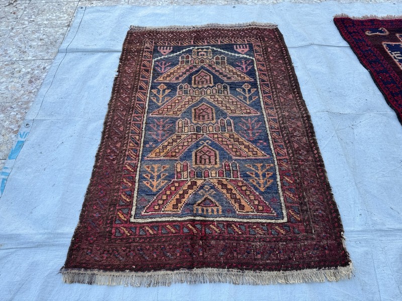 1930s Antique Afghan Terracotta Faded Rug 3x4 Blue Geometric Persian Area Carpet gallery