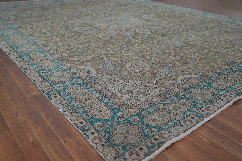 Vintage Muted Green Wool Tebriz Traditional Handmade Room Size Area Rug 9x13 gallery