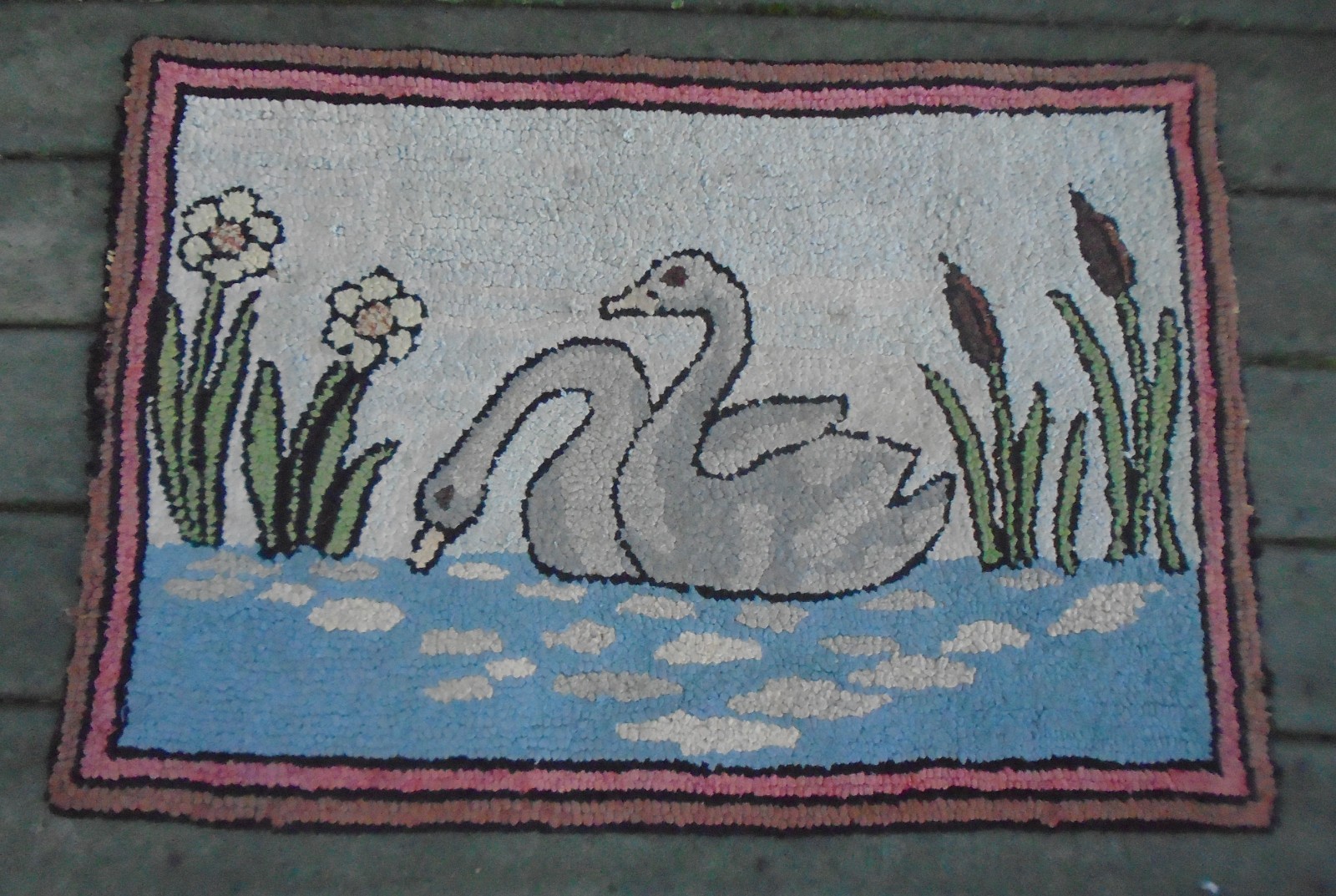 Vintage Folk Art Two Swans on Pond Hooked Rug 23" x 34 " gallery