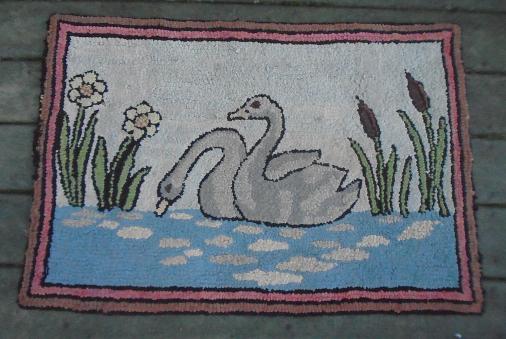 Vintage Folk Art Two Swans on Pond Hooked Rug 23" x 34 "