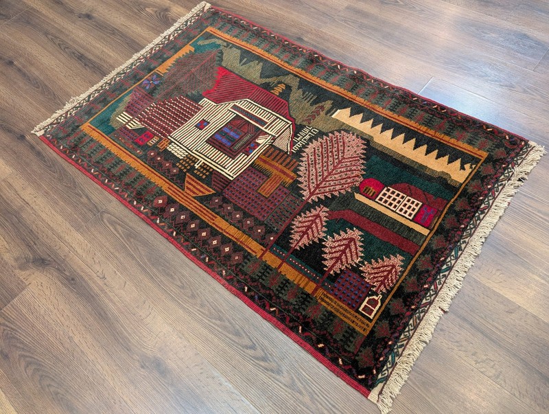 Afghan Rug 3x5 Pictorial Village Scene Tribal Rug Handmade Balouchi Carpet New gallery