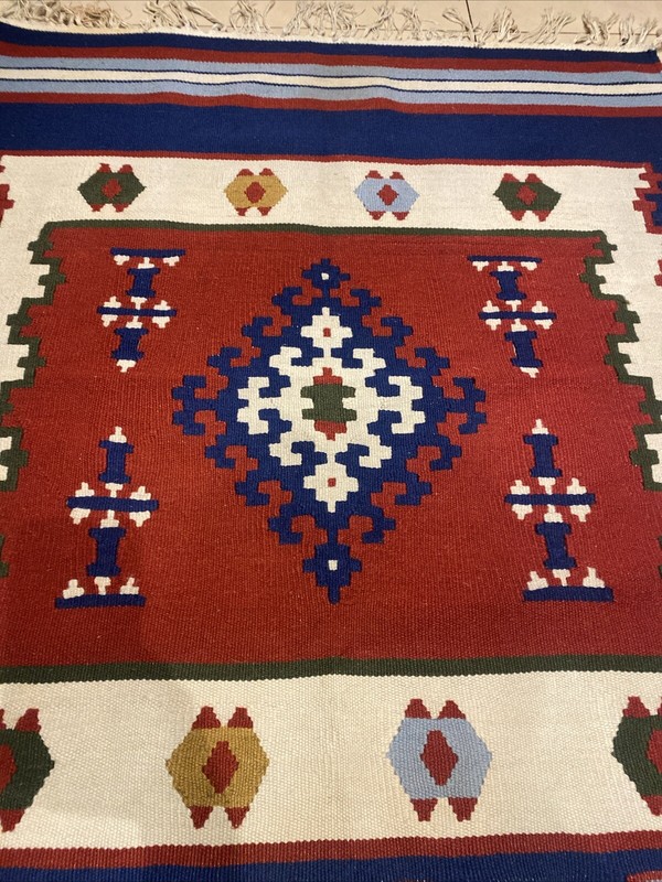 Turkish Kilim Rug Authentic Flat weave Wool Vintage Blue Red 93 Cm x 201 Cm gallery