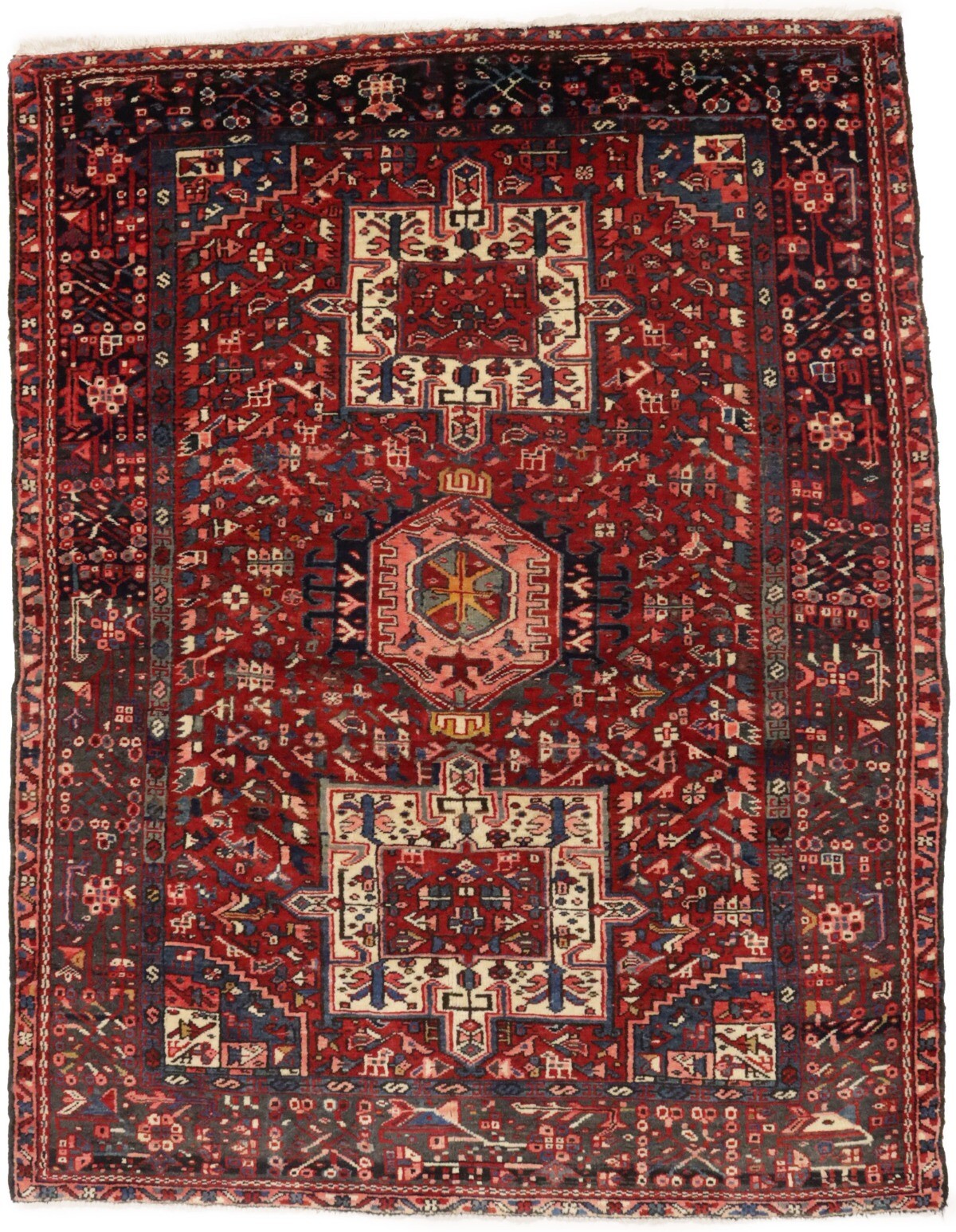 Semi-Antique Karajeh Oriental Rug Red Tribal Design Farmhouse Wool Carpet 5X6 ft gallery