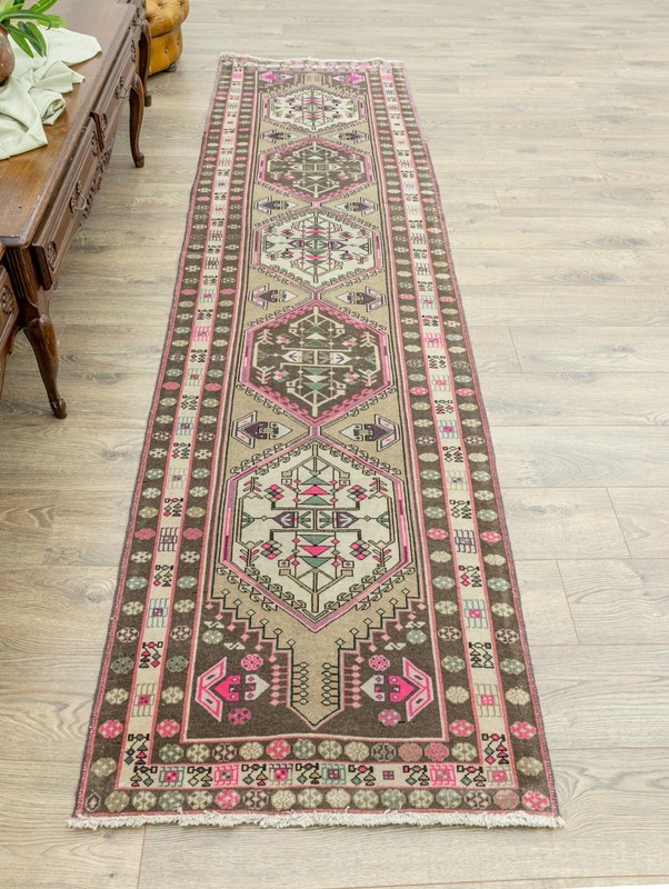 Turkish Oushak Runner Rug 2.7x10 ft – Pastel Pink Green – Modern Entry Rug gallery