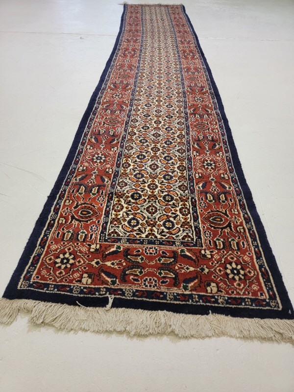 Antique Oriental Hand-Knotted Wool Runner Mood Red/Ivory/Navy Blue 2'6" x 13'4" gallery