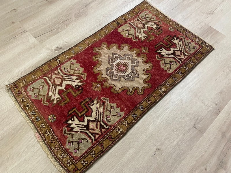 Red Anatolian Decor Rug 1.5x2.7ft Vintage Turkish HandKnotted Wool Runner Rug gallery