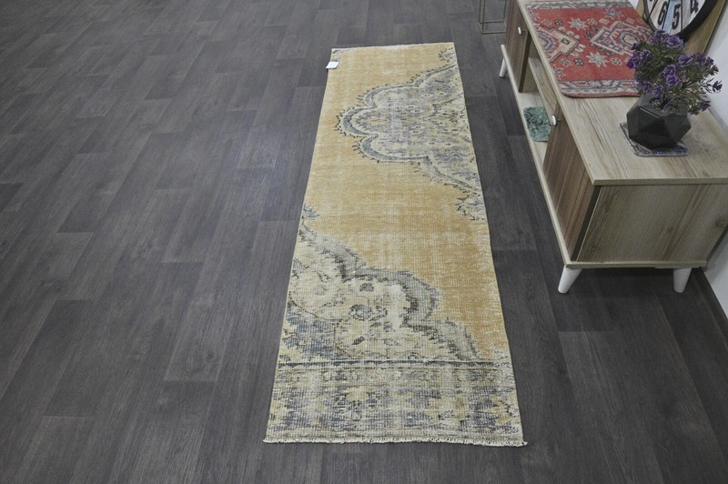 Vintage Turkish Runner Rug 2x7ft YELLOW Handmade Anatolian Oushak Hallway Wool gallery