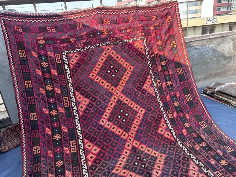 Vintage Afghan Kilim Rug, 8x17 Palace Oversized Faded Geometric Tribal Area Rug gallery