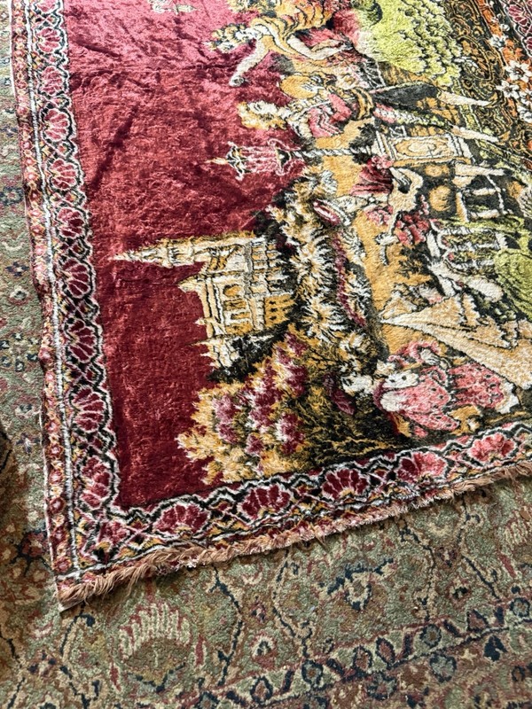 Turkish Velvet Rug 45x67'' Vintage Pictorial Pattern Wall Hanging Made in Italy gallery