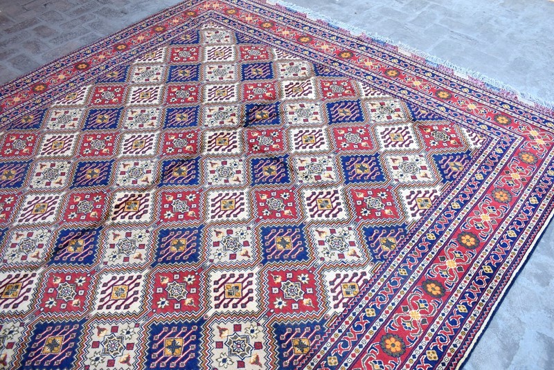 9x12 ft Vintage Afghan Turkmen Oriental Rug Beige Blue Red Hand Knotted Area Rug gallery