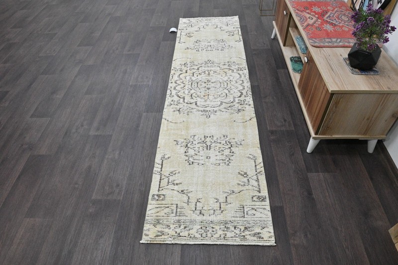 Vintage Turkish Runner Rug 2x8ft BEIGE Handmade Anatolian Oushak Hallway Wool gallery
