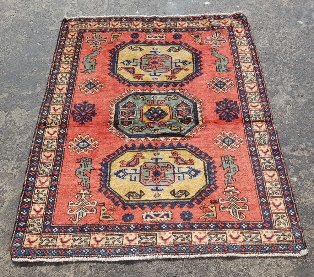 Vintage Hand Made Traditional Rug Oriental Wool Multicolor Carpet 138x108 cm