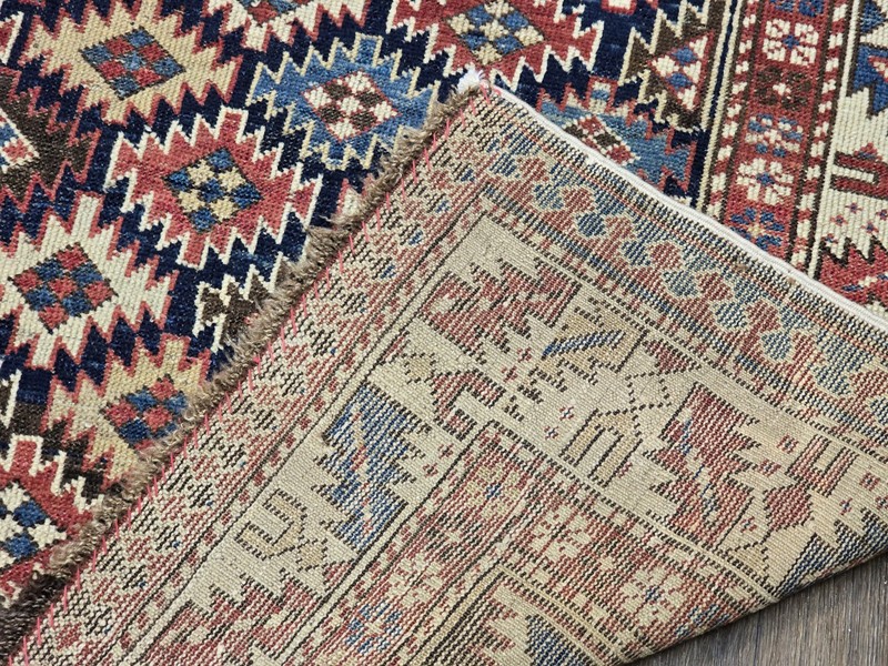 1880 Antique Caucasian Shirvan Rug 3ft 9" By 5ft Navy Ground Ivory Blue Bronze gallery