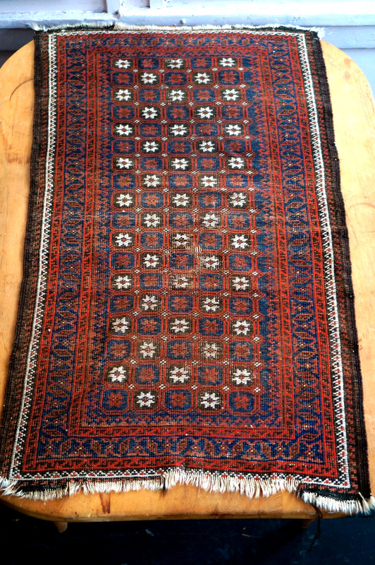 46" x 26" Afghan Balouch Hand-Knotted Tribal Rug ~ Red, Dark Blue, White, Brown gallery