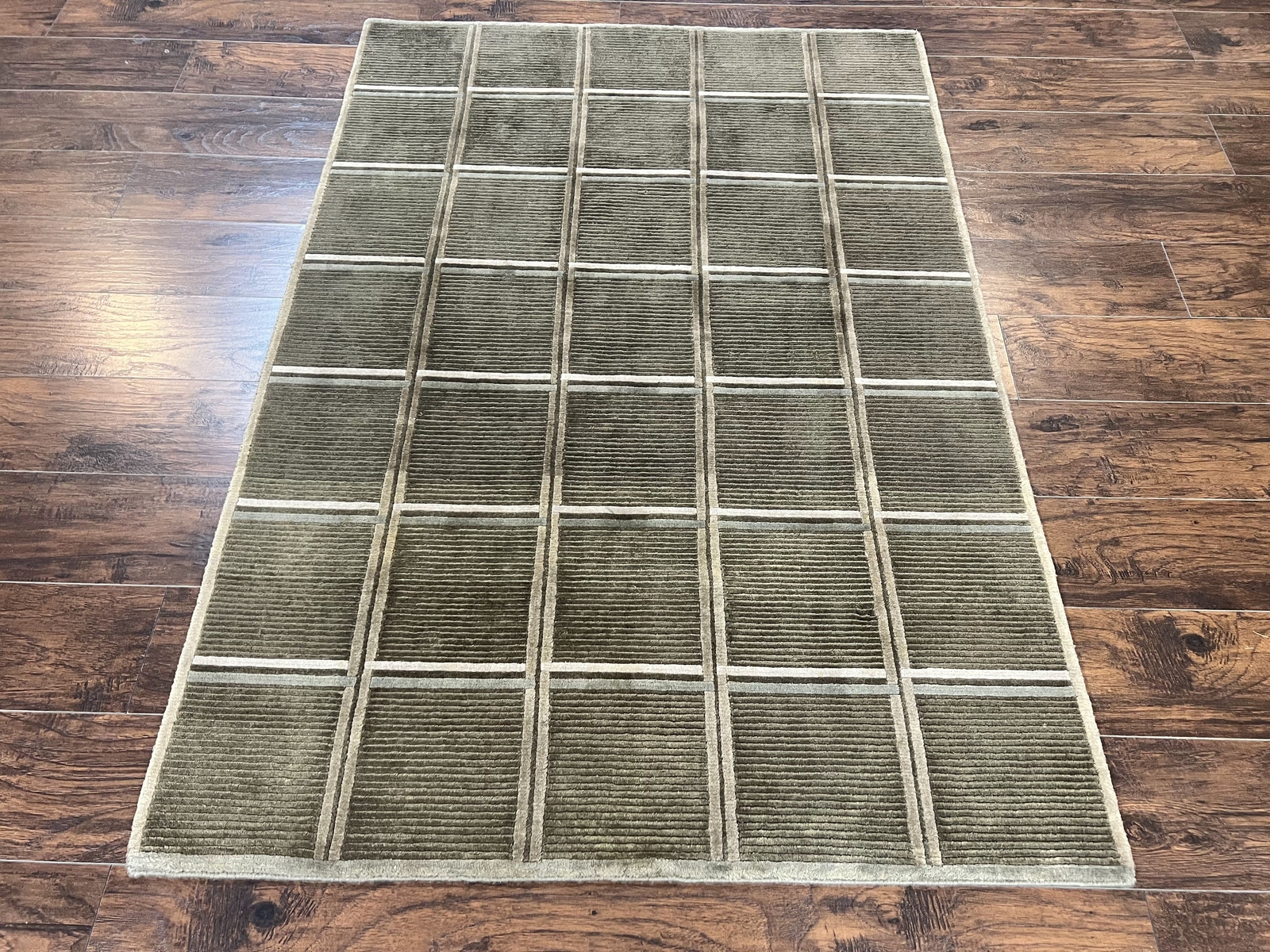 Green Tibetan Rug 4x6 Wool Handmade Panel Design Modern Contemporary Carpet gallery
