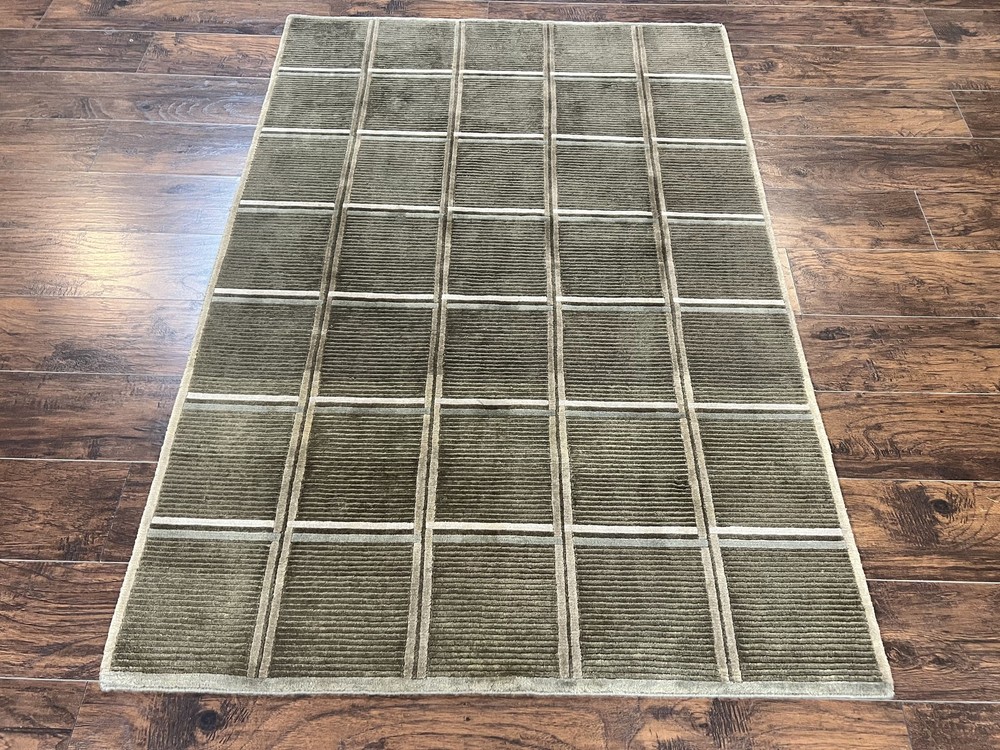 Green Tibetan Rug 4x6 Wool Handmade Panel Design Modern Contemporary Carpet
