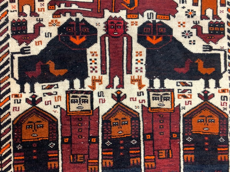 Vintage Tribal Lion Rug 204x110 cm, Old Tribal Wool Carpet, Black, Red Cream gallery