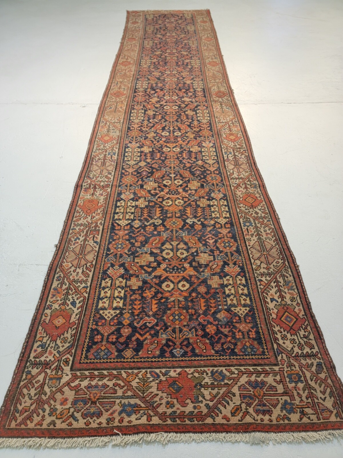 Antique Oriental Hand-Knotted Wool Runner Malayer Rust/Navy Blue 3'6" x 15'6" gallery