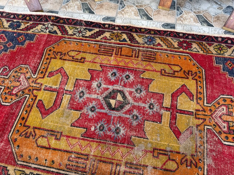 Vintage Anatolian Turkish Runner Rug Oriental Hand-Knotted Wool Geometric 4x8 ft gallery