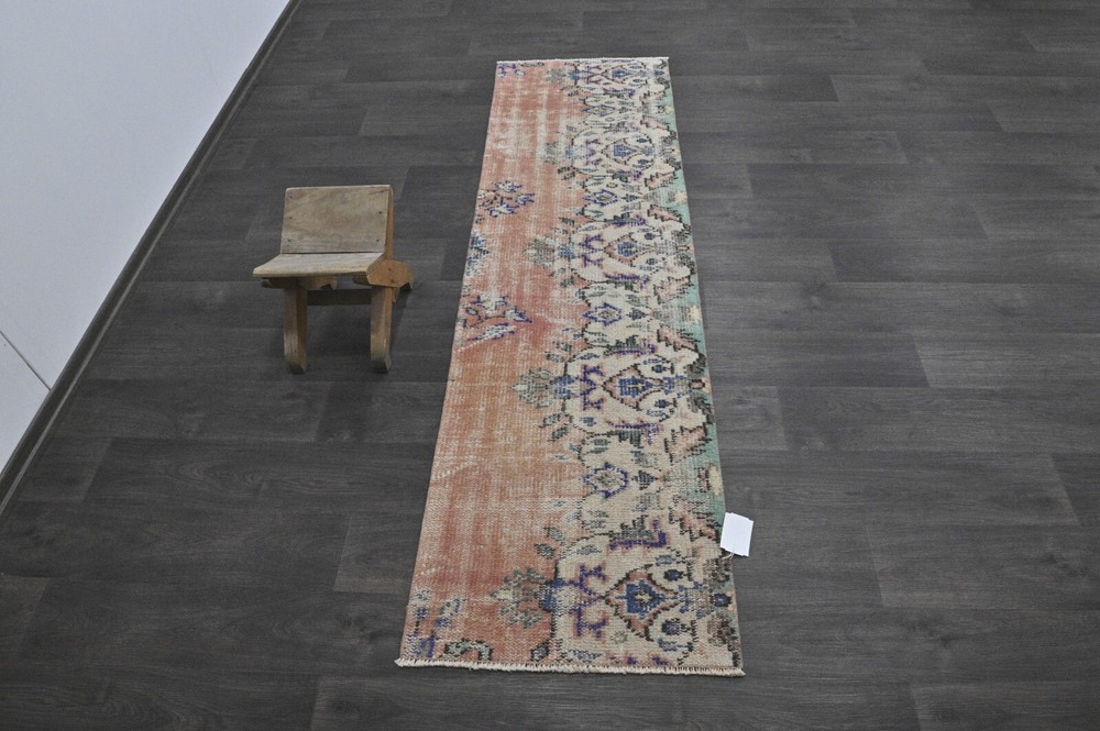 Vintage Turkish Runner Rug 2x7ft Wool Anatolian Handmade Hallway Oushak PEACH