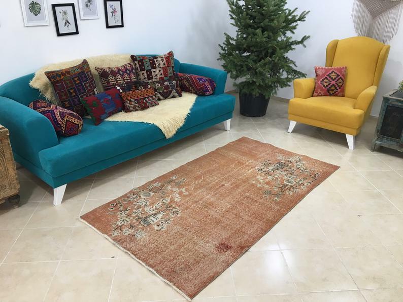Vintage Floral Oushak Turkish Bohemian Area Rug Handmade 3.5 x 6.6ft, 107x201cm gallery