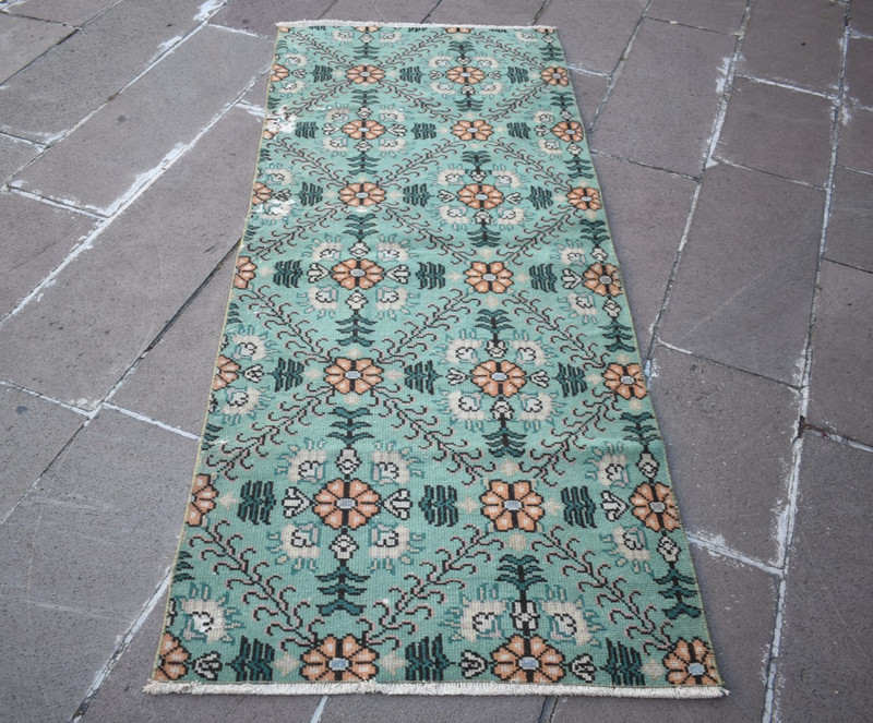 Turkish Rug 33'' x 80'' Vintage Hand-knotted Oushak Rug Low Pile Runner Wool Rug gallery