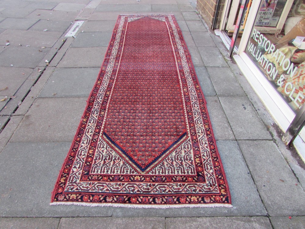 Vintage Worn Hand Made Traditional Oriental Wool Red Long Runner 389x110cm