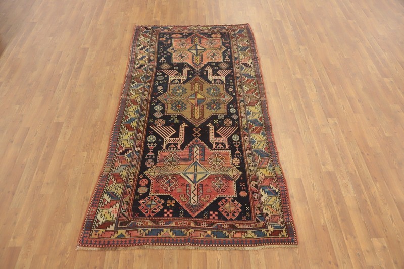 Hand-Knotted Geometric Wool Pre-1900 Antique Kazak Style Vegetable Dye Rug 4x8 gallery
