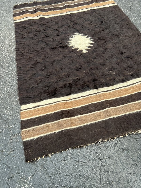 1900s ANTIQUE TURKISH ANATOLIAN DEVAN GOAT HAIR COVER RUG BROWN MOHAIR 4x6’ gallery
