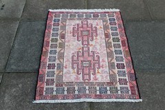 Vintage Traditional Hand Made Oriental Faded White Pink Silk Somak Kilim 93x68cm