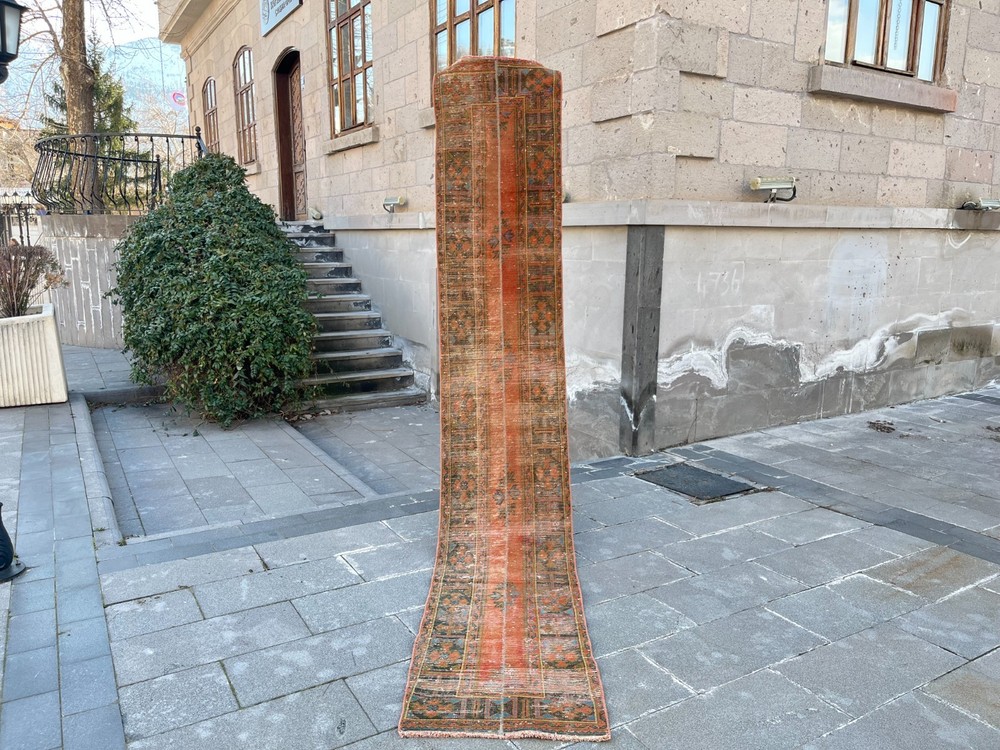 Vintage Turkish Runner Rug 1.9x11.4 ft Handmade Wool Tribal Terracotta