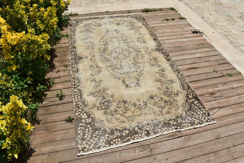 Turkish Rug 46''x86'' Vintage Light Muted Color Oushak Floral Carpet 119x219cm gallery