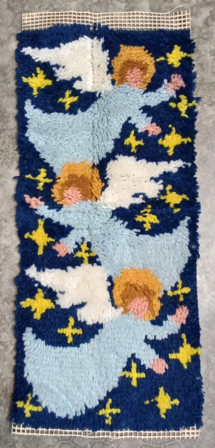 Vintage Handmade Latch Hook Angel Wall Hanging Rug Celestial Art Made In USA gallery