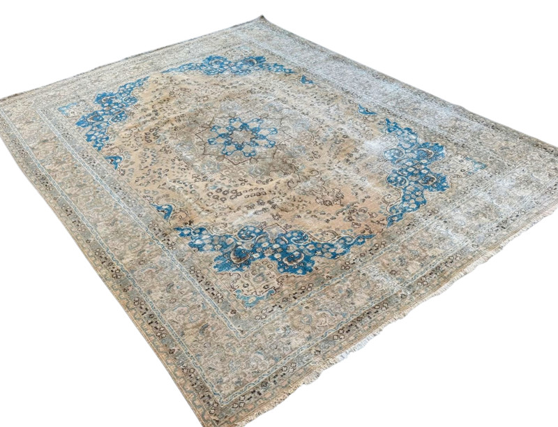 DISTRESSED VINTAGE TEBRIZ RUG HAND MADE PERSIAN WOOL CARPET BEIGE 12'7" x 9'5" gallery