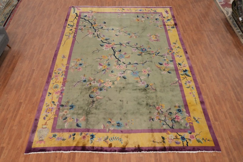 Art Deco Rug 4x6 ft Chinese Antique Style Green/ Gold Hand-knotted gallery