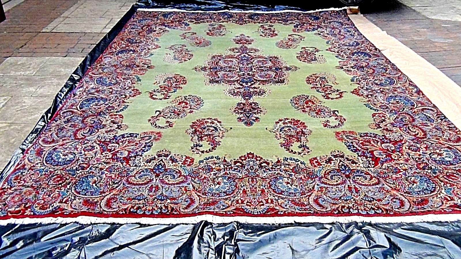 SEMI ANTIQUE KIRMAN ORIENTAL RUG 9'9" x 14'6" GREEN FIELD W/ FLORAL BORD gallery