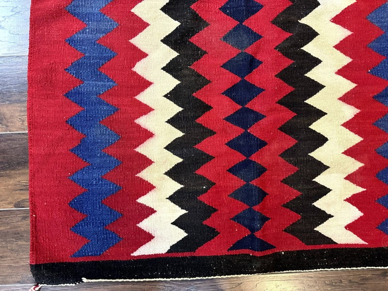 Antique Navajo Rug 3.7 x 2.8, Red Ivory Blue, Zig Zag Pattern, Handmade, Wool gallery