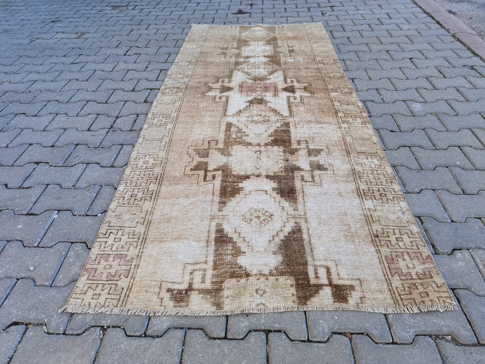 Vintage Turkish Oushak Runner 3x11 Hand Knotted Wool Brown Tan Tribal